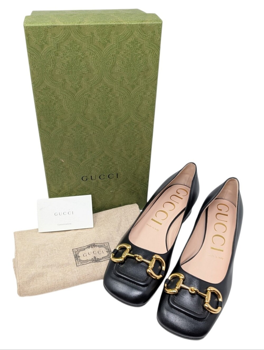 Gucci Malaga Kid Mystic Black Baby Horsebit Leather Block Heel Pumps Size EU 38